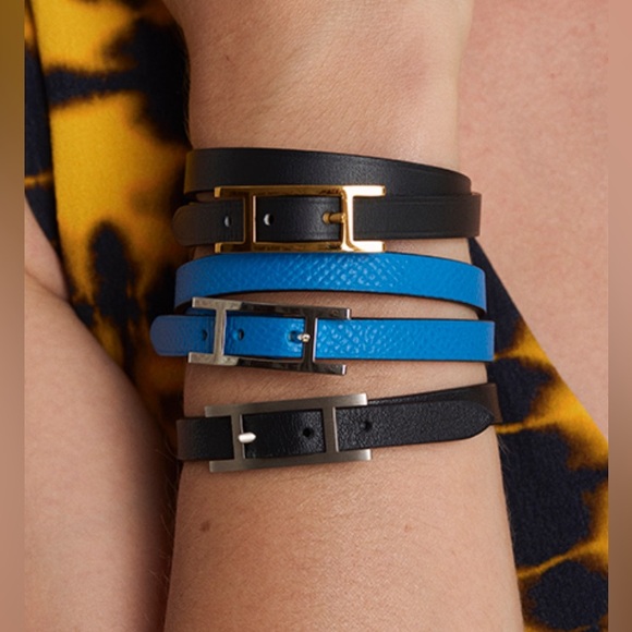 BNIB Authentic Hermes Behapi Double Tour Bracelet Blue Jean/Biscuit Palladium HW - Picture 5 of 9